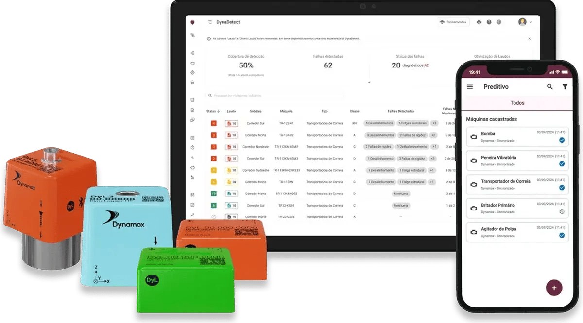 Sensores DynaLogger, DynaDetect no tablet e aplicativo Dynamox no celular